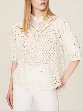 Allsaints Tila Broderie eyelet puff 3/4 sleeves top